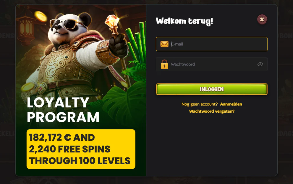 Asino Casino inlogformulier met e-mail en wachtwoord, naast het loyaliteitsprogramma met 100 niveaus en 2.240 gratis spins