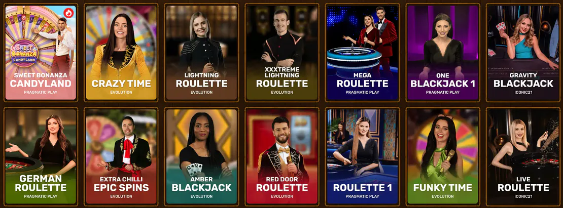 Asino Casino overzicht van live casinospellen zoals Crazy Time, Lightning Roulette, Mega Roulette, Blackjack en Funky Time